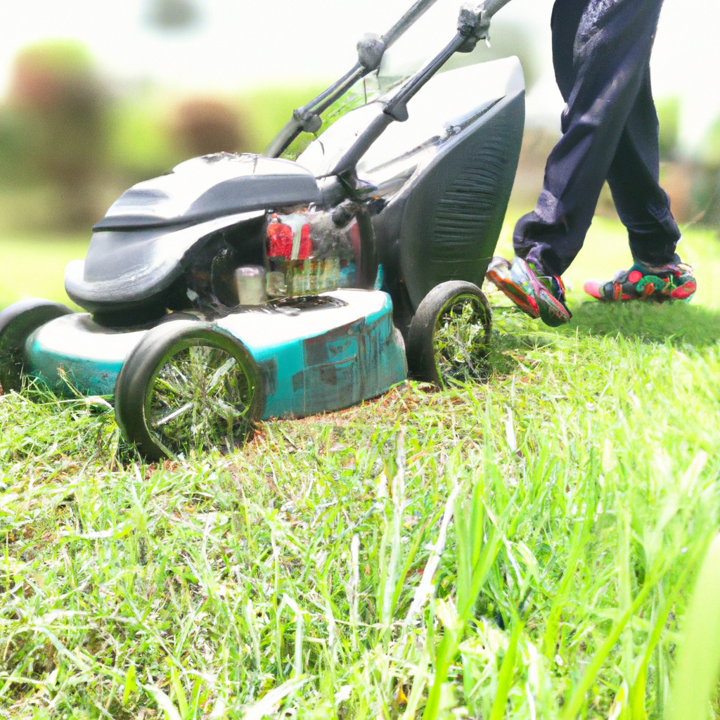 Elektrische grasmaaier in actie met veiligheidsgordels en helm, heldere dag, lage hoek